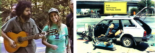 Micharl Cherney and Judi Bari; police photo of bombed car. Images: WhoBombedJudiBari.com