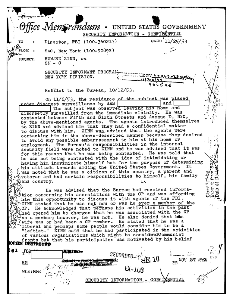 FBI Files on Howard Zinn - Page 1 (Nov. 25, 1963) | HowardZinn.org