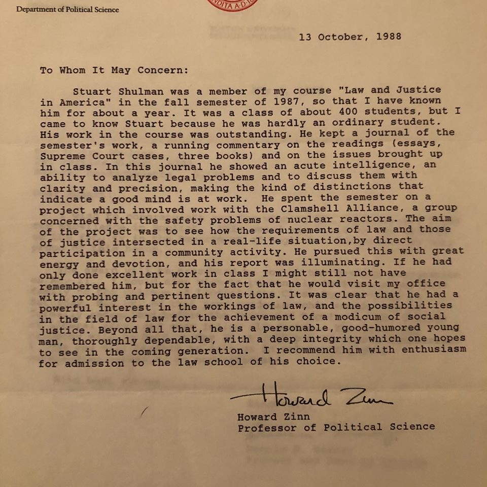 Typed recommendation letter for Stuart Shulman on BU letterhead from Howard Zinn.