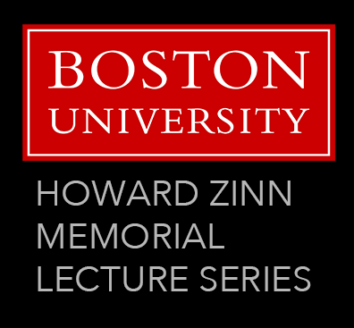 Red and white Boston University logo with gray lecture text on black background