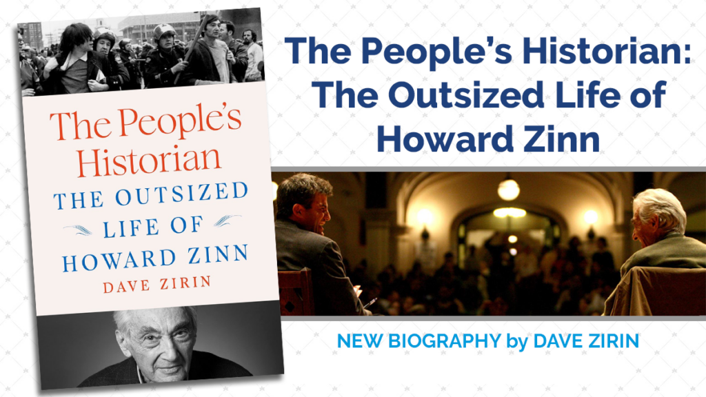 Book cover on left side. Image of two people sitting on stage, side by side in a presentation hall.