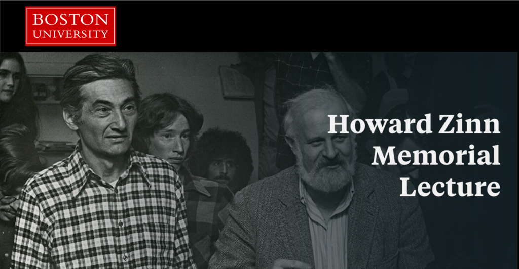 White text on B&W photo of 2 men standing. Boston Univ logo is red and white located in top left corner